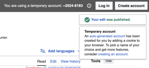 Temporary account - first edit popup