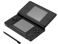 A Nintendo DS Lite with its stylus