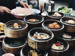 An assortment of items in a Dim Sum breakfast meal